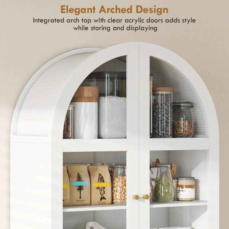 HOMCOM Arched Kitchen Pantry Cabinet, 71" Tall Farmhouse Kitchen Storage Cabinet with 2 Drawers, Acrylic Glass Doors, White