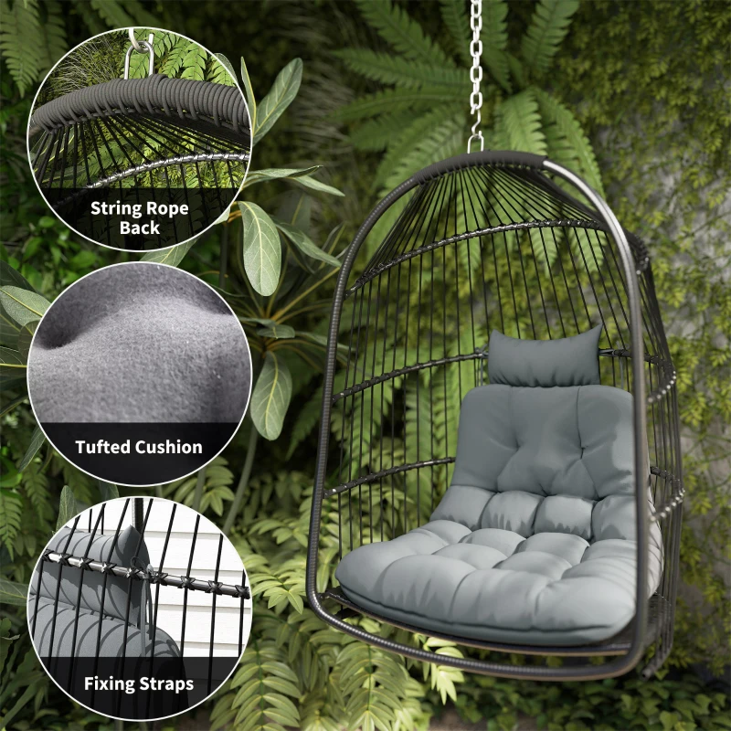 Outsunny Hanging Egg Chair, Foldable Rattan Garden Swing Chair with Installation Kit, Thickened Cushion and Headrest, Dark Grey