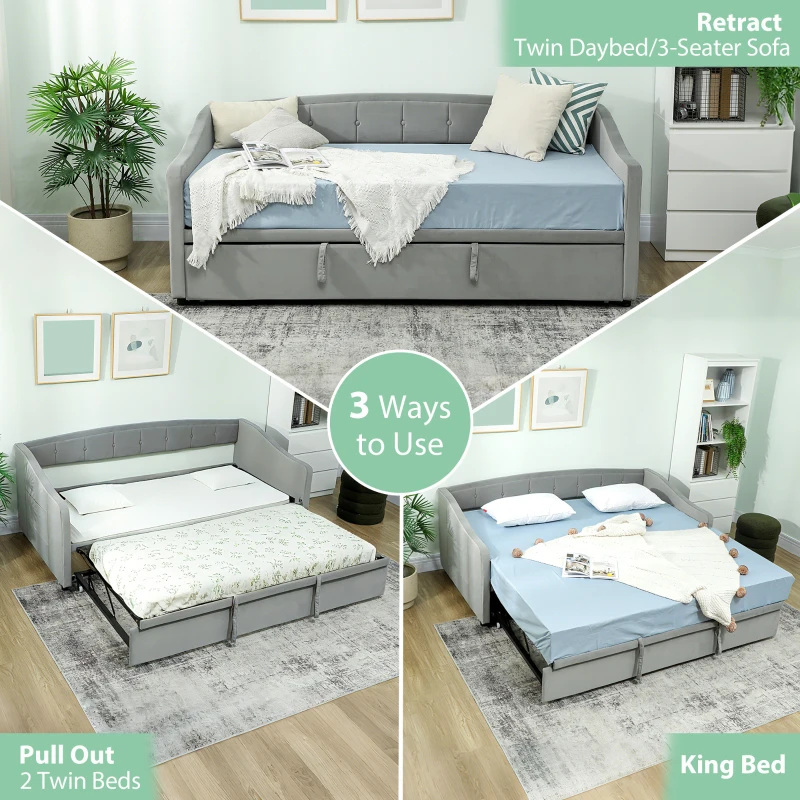 HOMCOM Upholstered Twin Size Trundle Bed, Velvet Twin to King Day Bed with Pop Up Trundle, Headboard and 2 Pockets, Light Grey