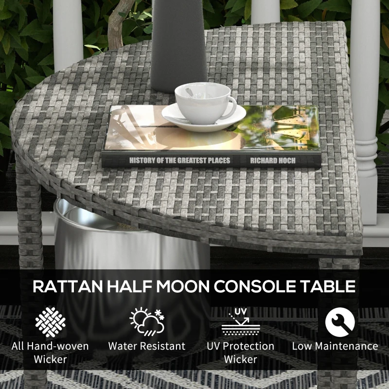 Outsunny Half Round Side Table, PE Rattan Coffee Table with Metal Frame for Patio, Garden, Balcony, Grey