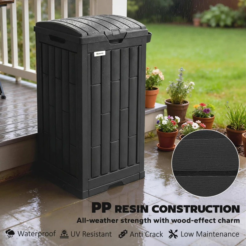 Outsunny 29 Gallon Outdoor Garbage Bin with Dual Lid, Plastic Outdoor Waste Trash Can with Ashtray and Drip Tray, Black