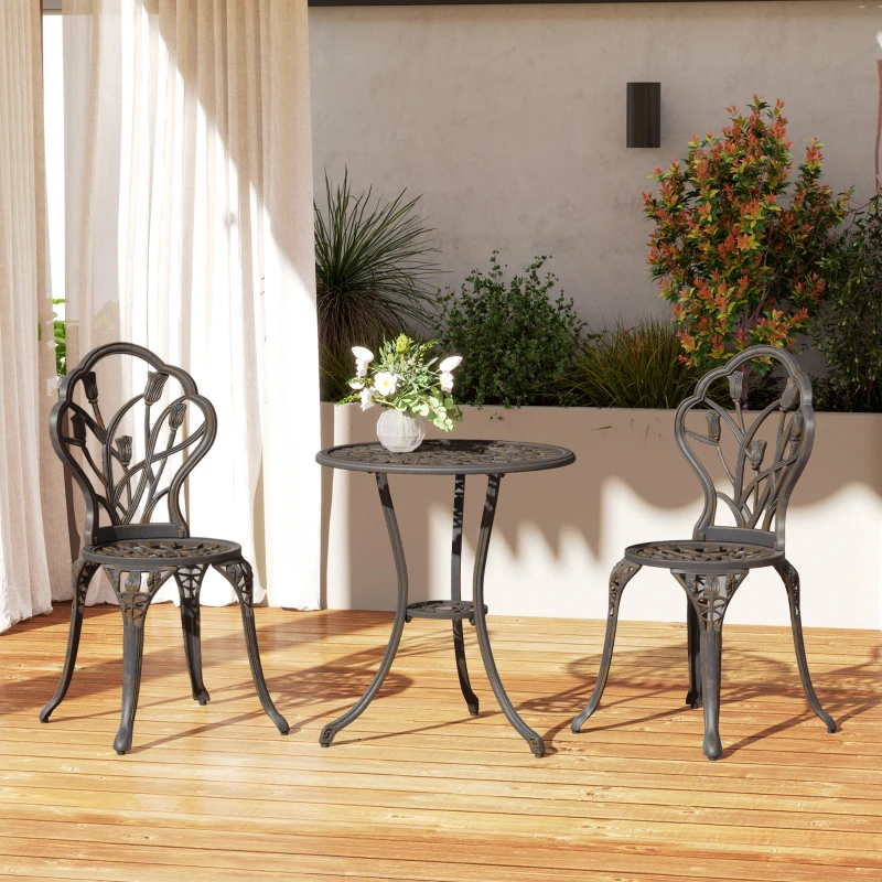 Outsunny 3PCs Patio Bistro Set, Outdoor Cast Aluminum Garden Table and Chairs with Umbrella Hole for Balcony, Bronze