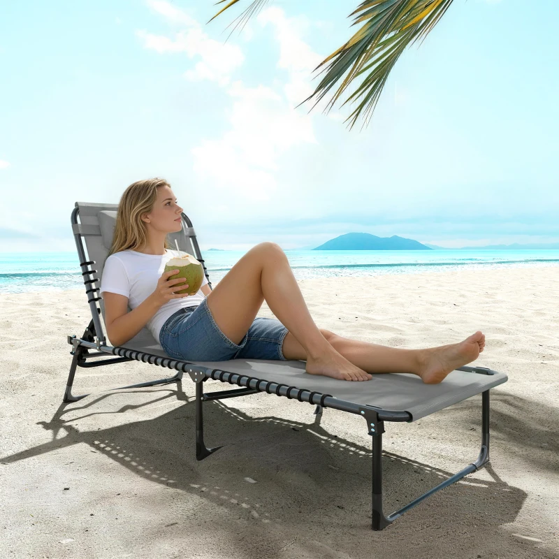 Outsunny Folding Lounge Chair, Adjustable Chaise Lounge with Headrest, Reclining Lounger Cot for Camping, Hiking, Light Grey