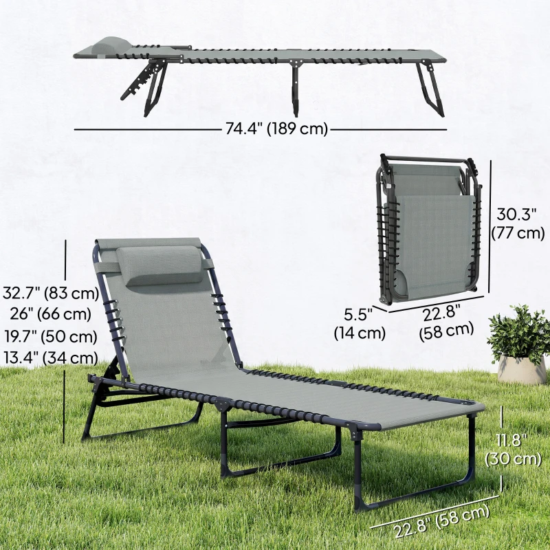 Outsunny Folding Lounge Chair, Adjustable Chaise Lounge with Headrest, Reclining Lounger Cot for Camping, Hiking, Light Grey