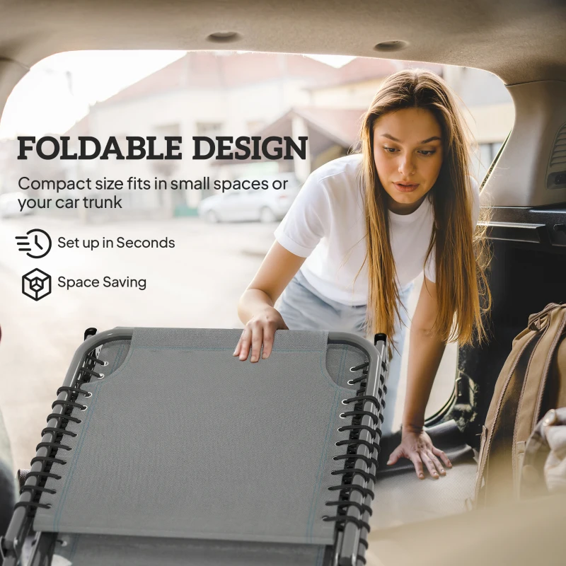 Outsunny Folding Lounge Chair, Adjustable Chaise Lounge with Headrest, Reclining Lounger Cot for Camping, Hiking, Light Grey