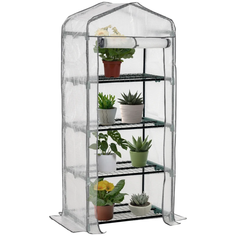 Outsunny Portable Greenhouse Outdoor Hot House with 4 Tier Shelves, Steel Frame, PE Cover, 28" x 20" x 63" , White