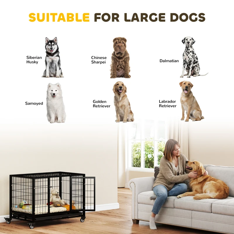 PawHut 36" Heavy Duty Dog Crate with Removable Tray, Lockable Wheels and Double Door, for Medium and Large Dogs, Black