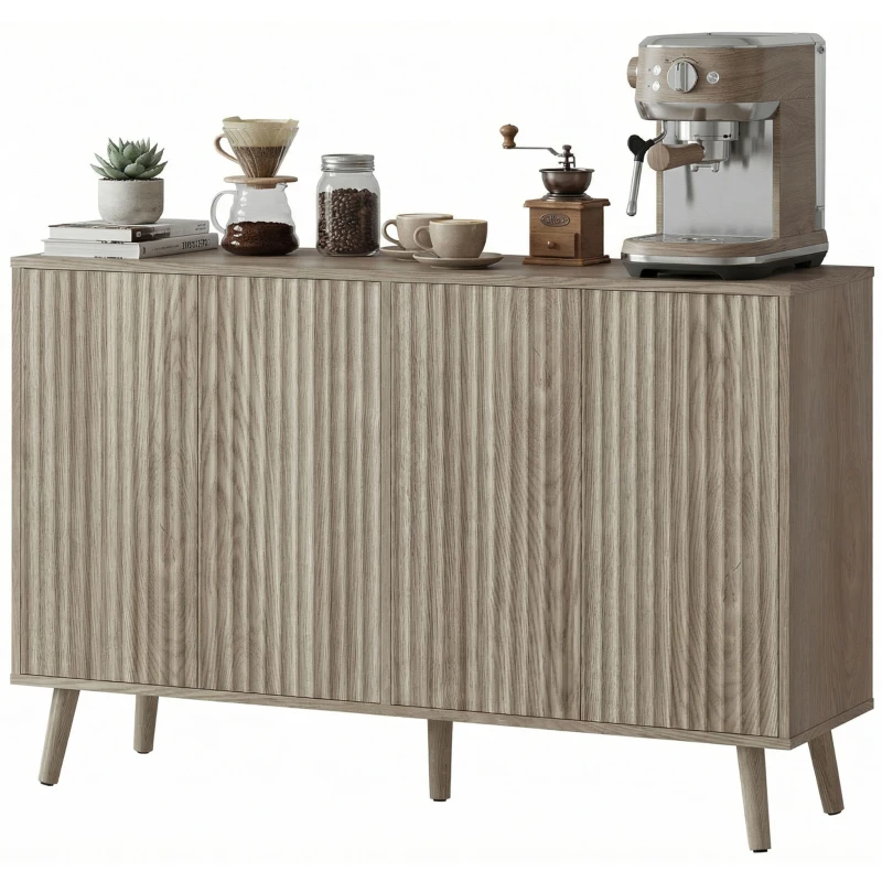 HOMCOM Buffet Cabinet with Storage, Modern Fluted Sideboard with Adjustable Shelves for Dining Room Living Room, Light Grey