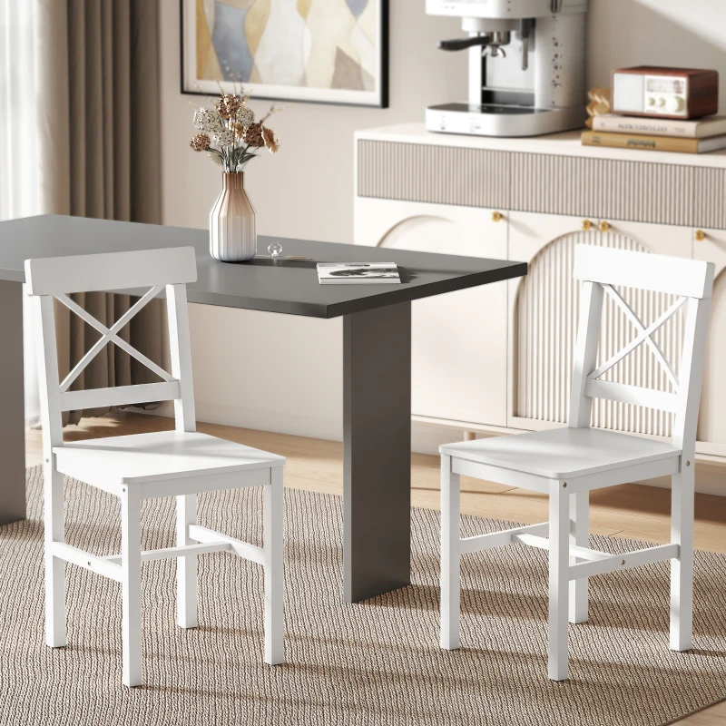 HOMCOM Wooden Dining Chairs Set of 2, Kitchen Chairs with Cross Back, Solid Structure for Living Room and Dining Room, White