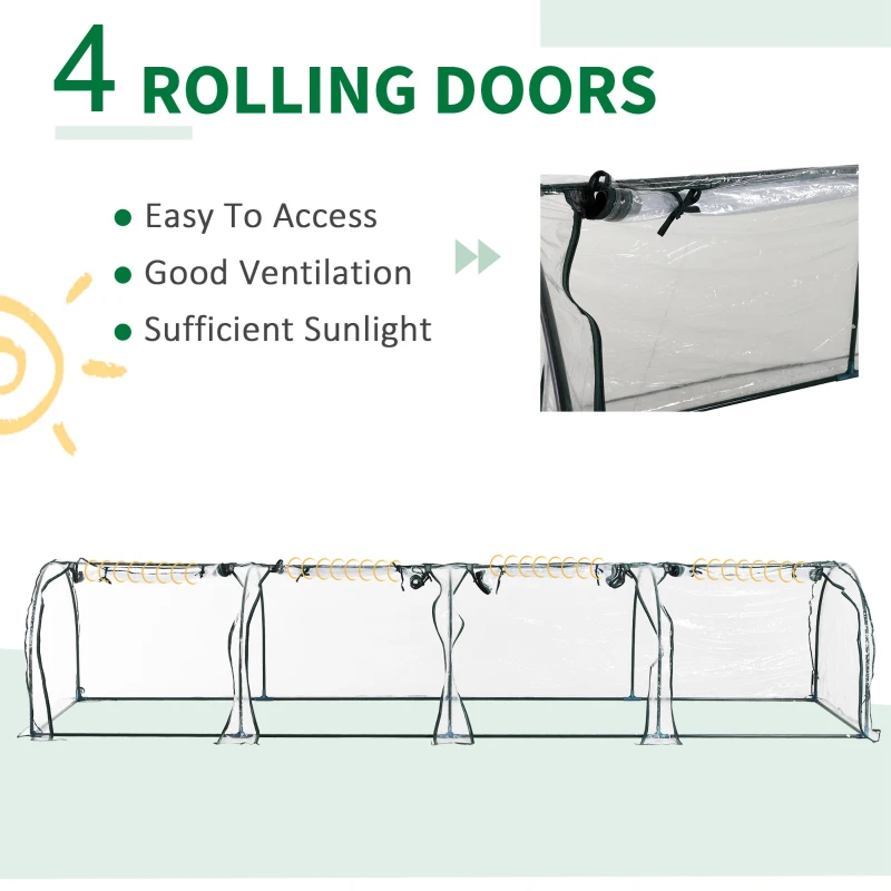 Outsunny 13' L x 3' W x 2.5' H Portable Tunneled Greenhouse with 4 Zippered Doors, Water/UV Fighting PVC Cover
