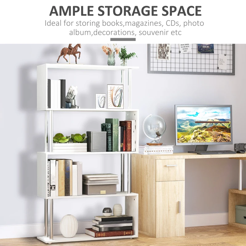 HOMCOM 5-Tiers Geometric Wooden Bookcase S-Shaped Storage Bookshelf Display with Metal Frame for Living Room, Bedroom, Home Office, White