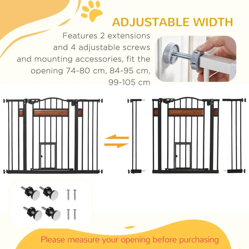 PawHut 29.1''-41.3'' Extra Wide Dog Gate with Cat Door, Stair Pressure Fit, Auto Close, Double Locking, for Doorways, Hallways
