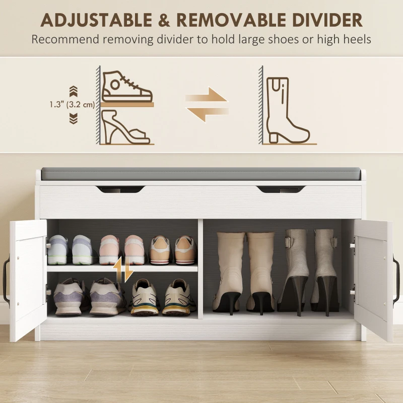 HOMCOM Shoe Storage Bench, Entryway Bench with 2-Tier Cabinet, Flip-Top Storage, Padded Cushion for Hallway, White