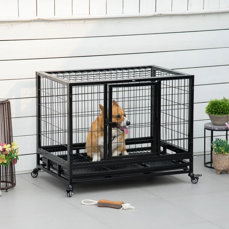 PawHut Heavy Duty Dog Crate Cage for Medium Small Dogs Cats with Two Doors, Lockable Wheels, Removable Tray, 36" x 24" x 27"
