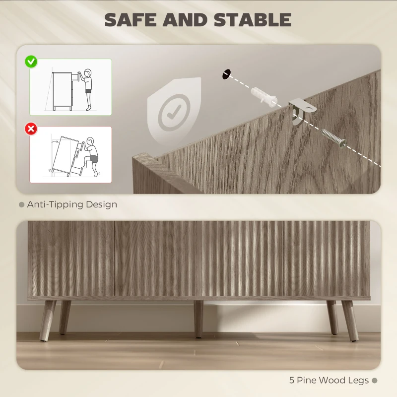 HOMCOM Buffet Cabinet with Storage, Modern Fluted Sideboard with Adjustable Shelves for Dining Room Living Room, Light Grey