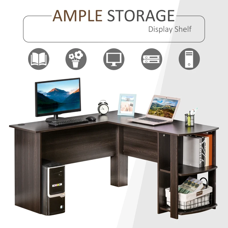 HOMCOM L-Shaped Computer Desk, Laptop Workstation with Return and 2 Storage Shelves for Home Office, Dark Brown