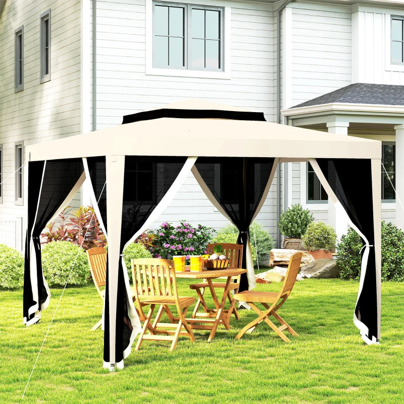 Outsunny 10' x 10' Canopy Tent, Party Tent with Mesh Netting and Double Tier Roof for Backyard, Garden, Patio, Outdoor, Beige