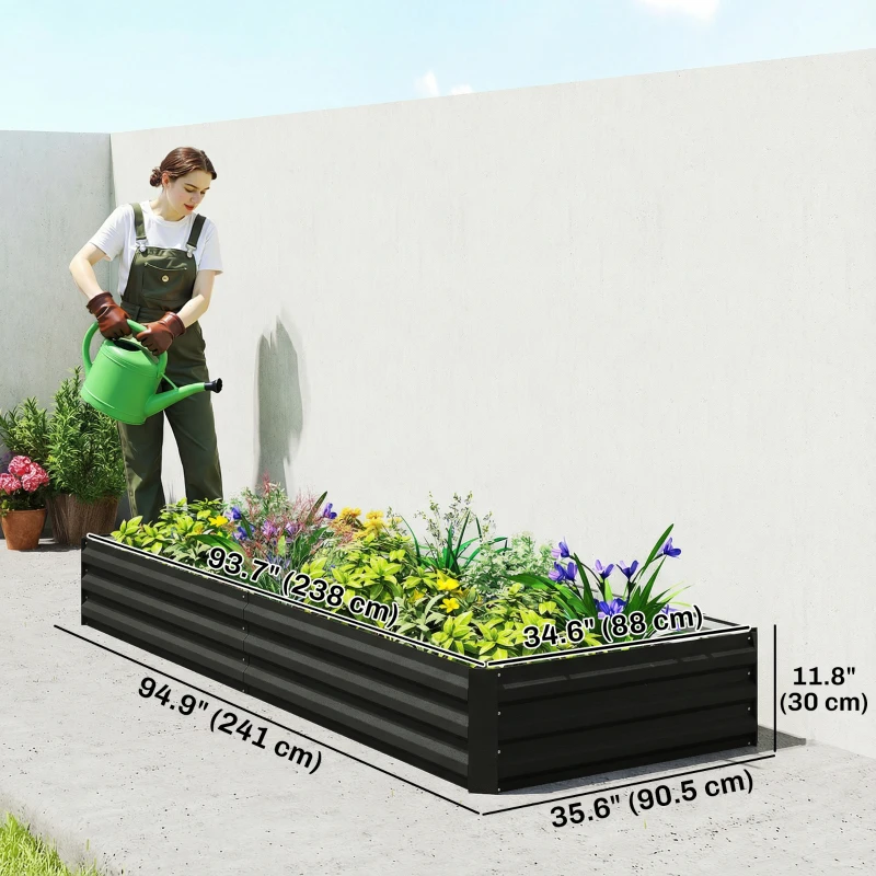 Outsunny 95" x 36" x 12" Galvanized Raised Garden Bed, Metal Elevated Planter Box for Growing Flowers, Herbs, Succulents, Black