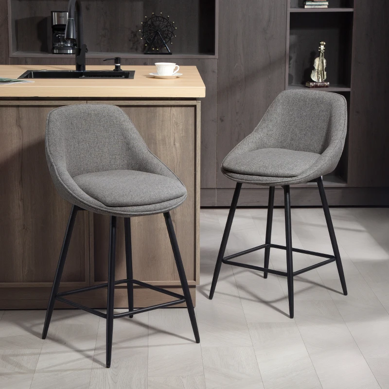 HOMCOM 26" Counter Height Barstools Set of 2, Upholstered Swivel Bar Stools with Backrests and Armrests, Dark Grey