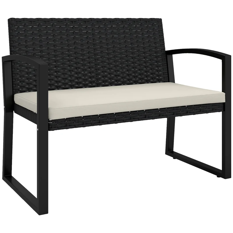 Outsunny 2 Seater Outdoor Bench, Rattan Garden Bench Loveseat with Cushion, Armrests, Steel Frame for Patio, Porch, Beige