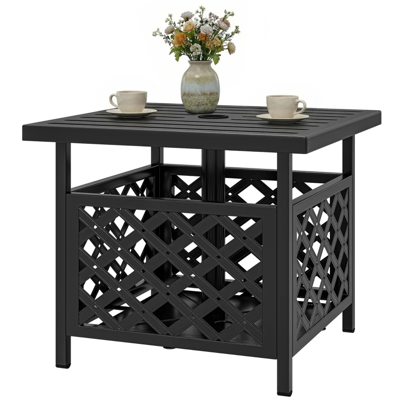Outsunny 22" Outdoor Coffee Table, Patio Side Table with Umbrella Hole Slatted, Metal Top, for Garden, Backyard, Poolside, Black