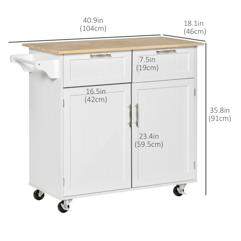 HOMCOM Rolling Kitchen Island with Storage Drawers, Kitchen Cart with Rubber Wood Top, Cabinet & Towel Rack, White