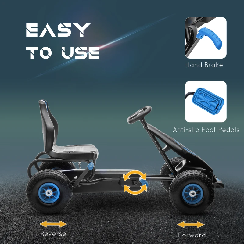 Aosom Kids Pedal Go Kart, Ride On Toys for Boys Girls with Ergonomic Adjustable Seat, Rubber Wheels Shock Absorb, Safety Hand Brake, Ages 5-12 Years Old, Blue