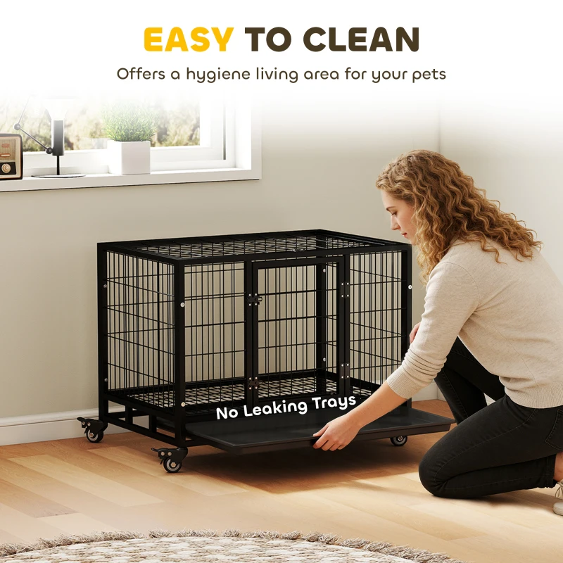 PawHut 36" Heavy Duty Dog Crate with Removable Tray, Lockable Wheels and Double Door, for Medium and Large Dogs, Black
