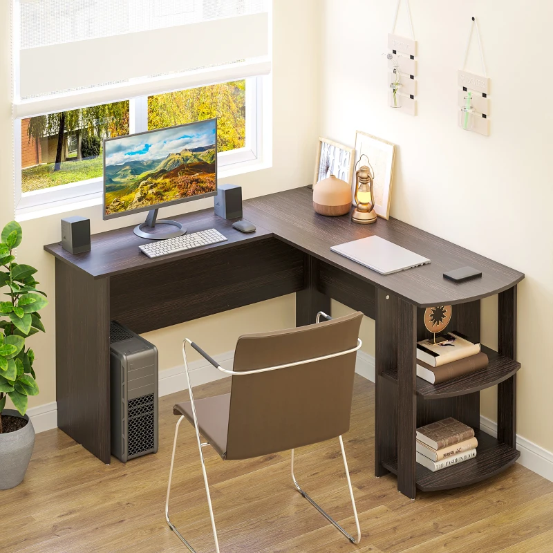 HOMCOM L-Shaped Computer Desk, Laptop Workstation with Return and 2 Storage Shelves for Home Office, Dark Brown