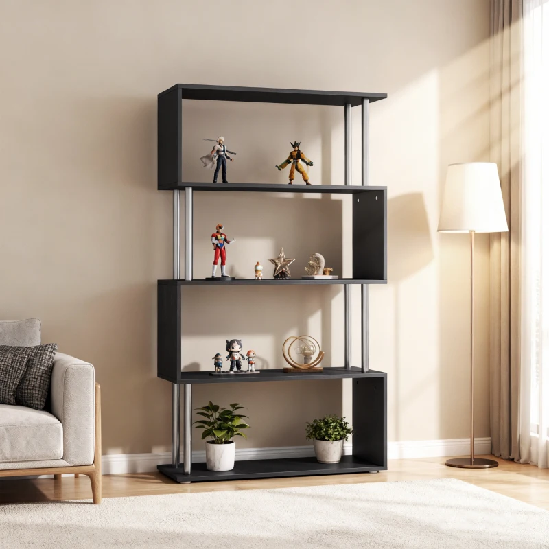 HOMCOM 5-Tiers Geometric Wooden Bookcase S-Shaped Storage Bookshelf Display with Metal Frame for Living Room, Bedroom, Home Office, Black