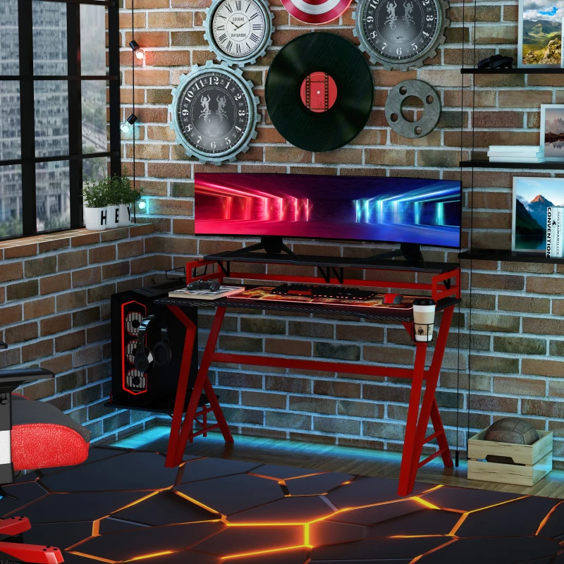 HOMCOM 47 inch Gaming Desk, Computer Table Workstation with Monitor Stand, Cup Holder, Headphone Hook & CPU Stand for Home Office, Black & Red