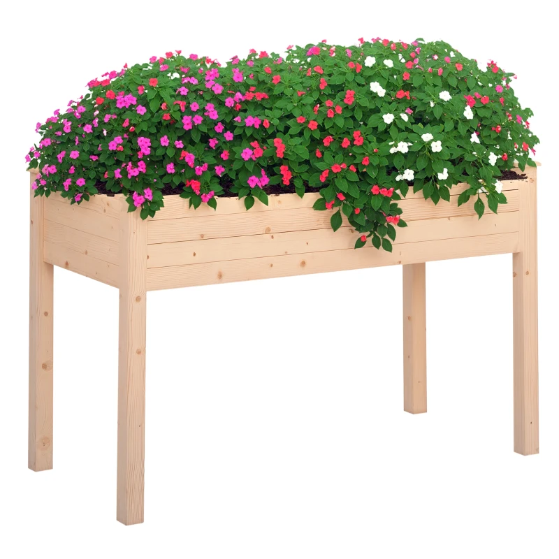 Outsunny 48" x 22" x 30" Wooden Patio Raised Garden Bed Planter, Elevated Planter Box with Legs, Outdoor Flower Stand with Inner Bag, Natural Wood Colour