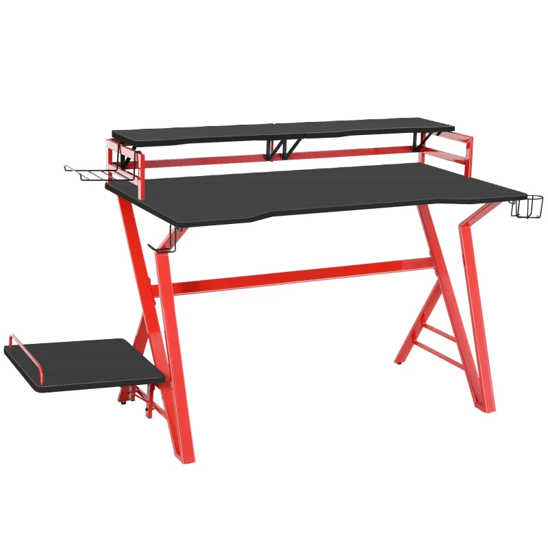 HOMCOM 47 inch Gaming Desk, Computer Table Workstation with Monitor Stand, Cup Holder, Headphone Hook & CPU Stand for Home Office, Black & Red