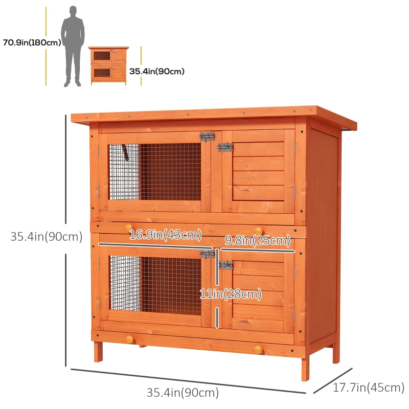 PawHut 2-Tier Wooden Rabbit Hutch Small Animal House Bunny Pet Cage with 2 Main Rooms, Sliding Tray, Opening Top, Yellow