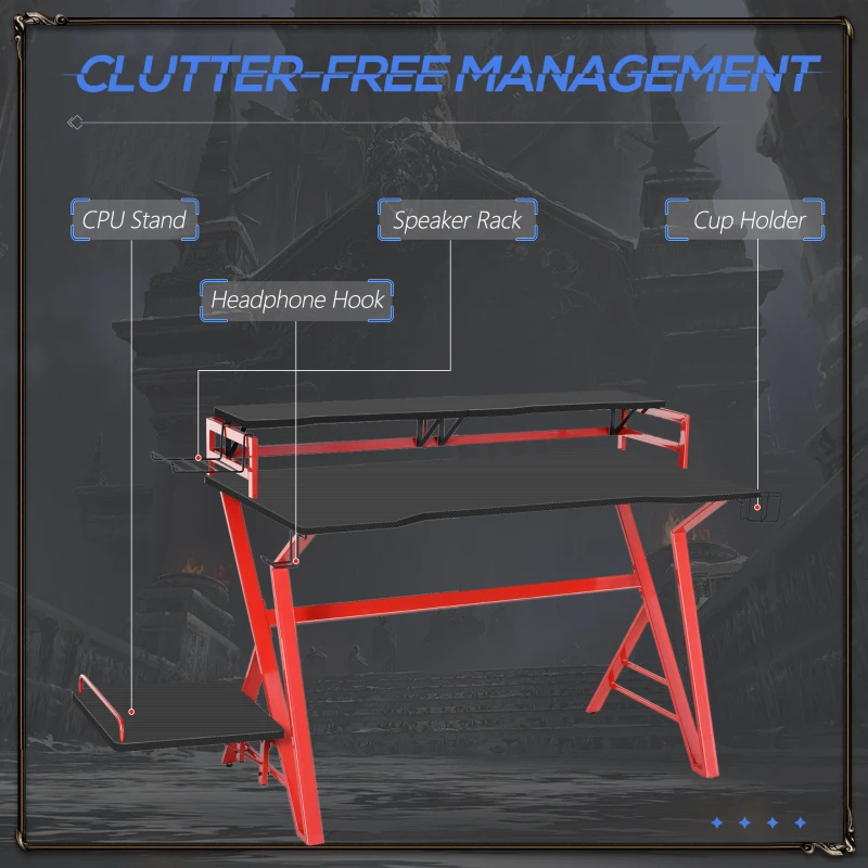 HOMCOM 47 inch Gaming Desk, Computer Table Workstation with Monitor Stand, Cup Holder, Headphone Hook & CPU Stand for Home Office, Black & Red