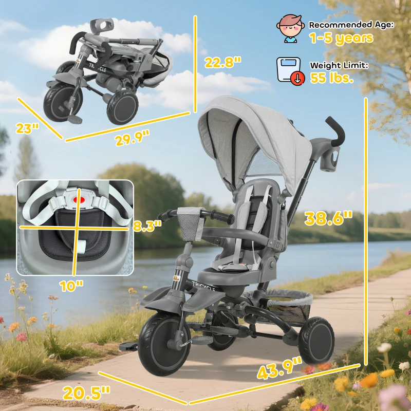 Qaba 6 in 1 Kids Tricycle with Adjustable Push Handle, Removable Canopy, Reversible Seat, for 1-5 Years, Gray