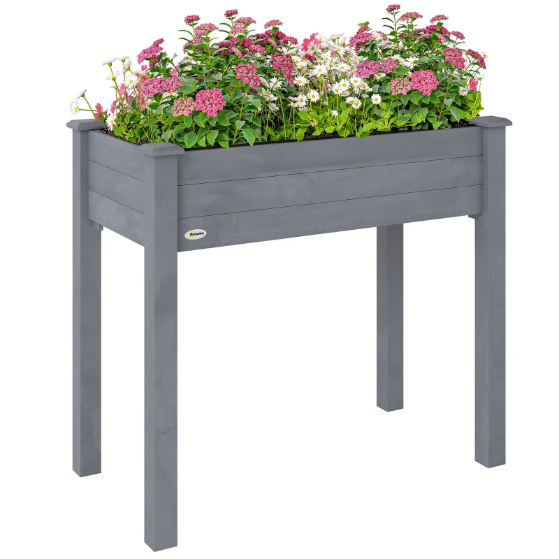 Outsunny 34"x18"x30" Wooden Raised Garden Bed, Elevated Planter Box with Legs, Drainage Holes, Inner Bag for Garden, Dark Grey
