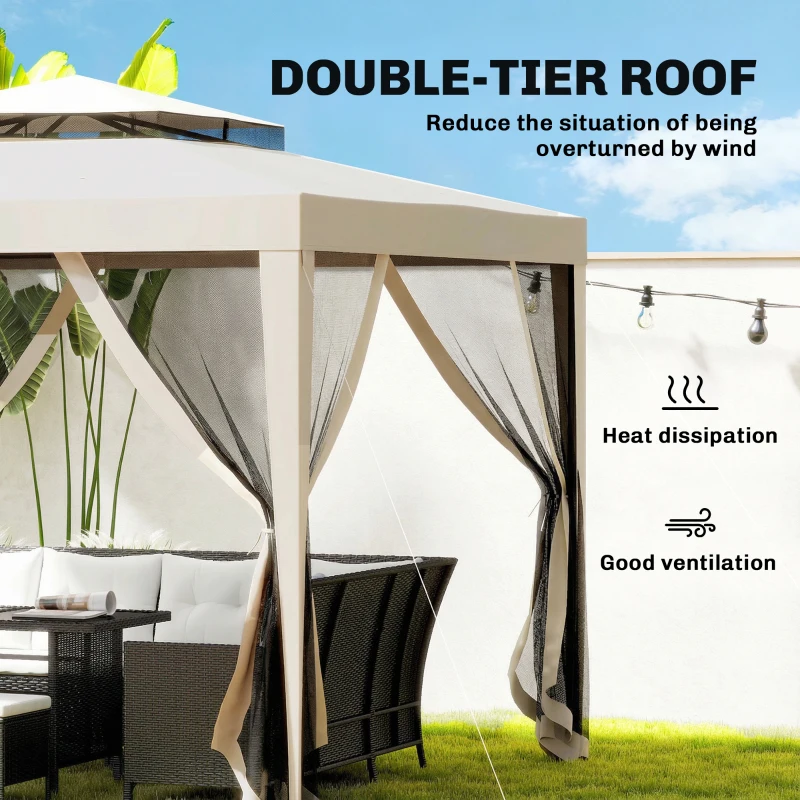 Outsunny 10' x 10' Canopy Tent, Party Tent with Mesh Netting and Double Tier Roof for Backyard, Garden, Patio, Outdoor, Beige