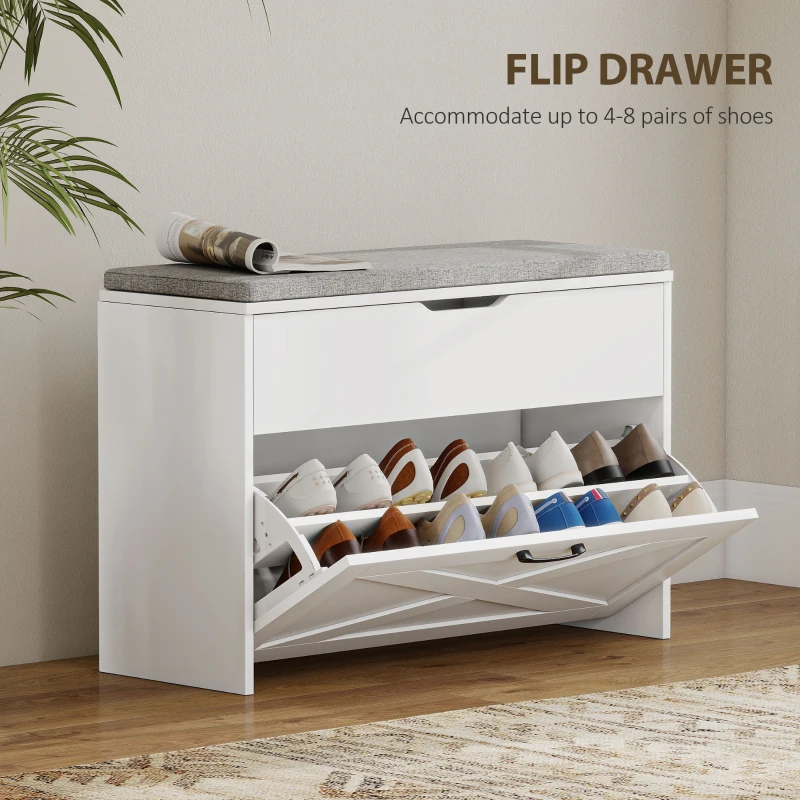 HOMCOM Shoe Storage Bench with Flip Drawer and Lift Top Storage, Entryway Bench with Seat Cushion for Hallway, White