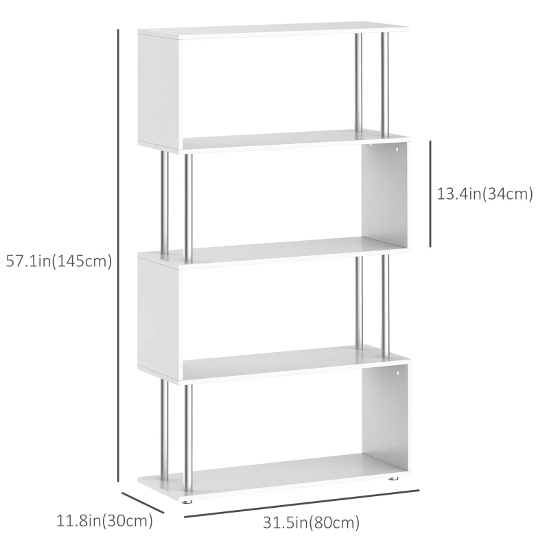 HOMCOM 5-Tiers Geometric Wooden Bookcase S-Shaped Storage Bookshelf Display with Metal Frame for Living Room, Bedroom, Home Office, White