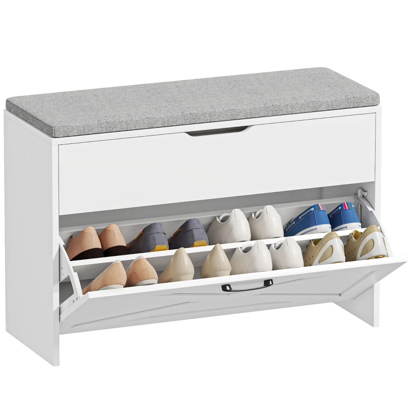 HOMCOM Shoe Storage Bench with Flip Drawer and Lift Top Storage, Entryway Bench with Seat Cushion for Hallway, White