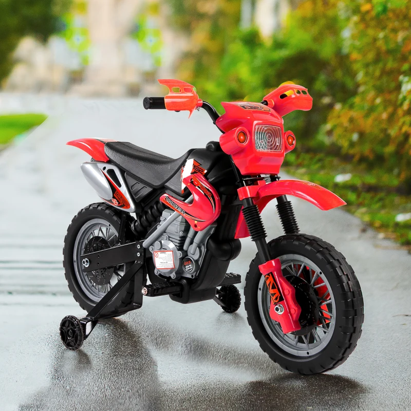 Aosom 6V Kids Motorcycle, Electric Motorcycle with Dirt Bike Style, Street Bike Design Battery Powered Ride On Toy with Training Wheels, Headlight, Music, Ages 5-8, Red