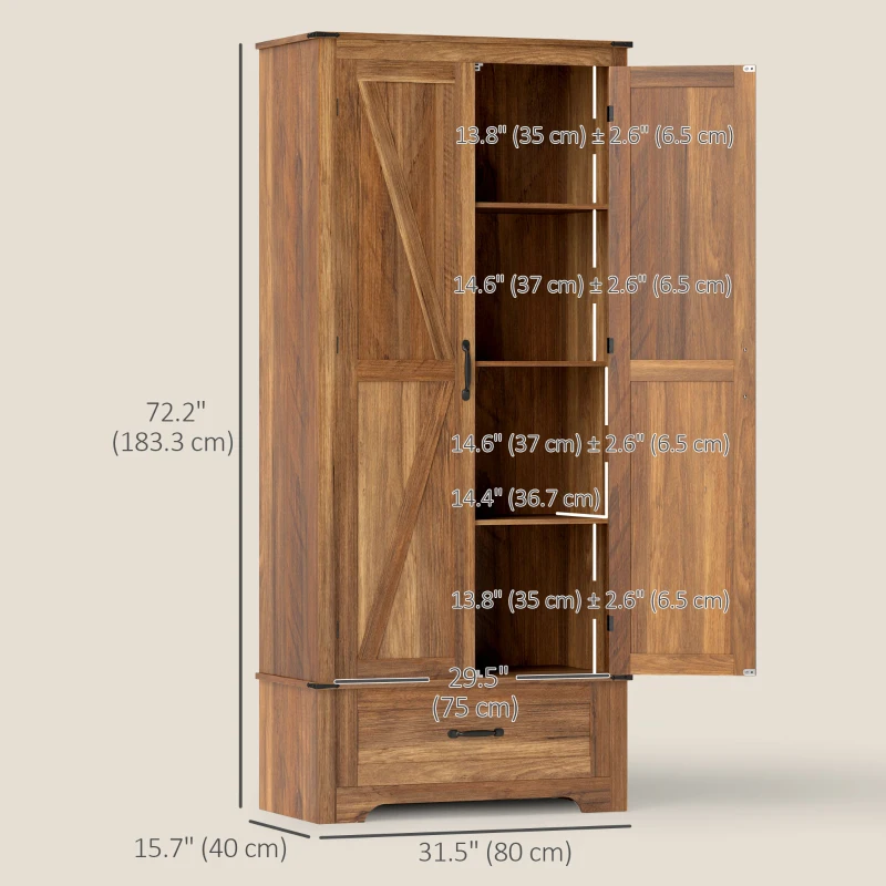 HOMCOM 72" Farmhouse Pantry Cabinet with Adjustable Shelves, Kitchen Pantry Cabinet with 2 Doors, Brown