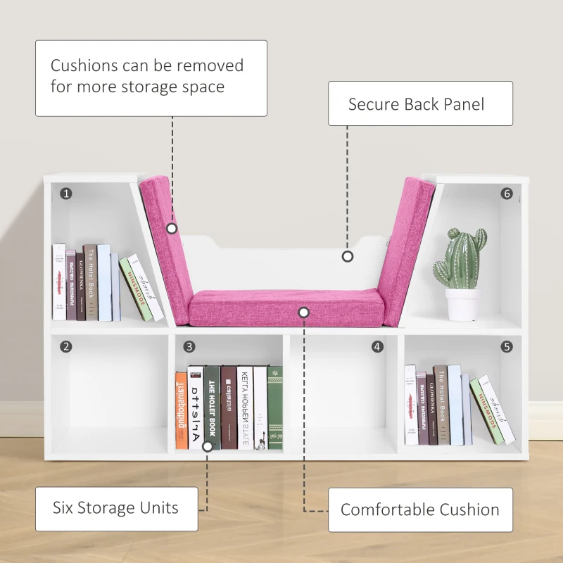HOMCOM 6-Cubby Bookcase with Seat Cushion, Cube Storage Shelf with Reading Nook for Home Office, Study, Pink