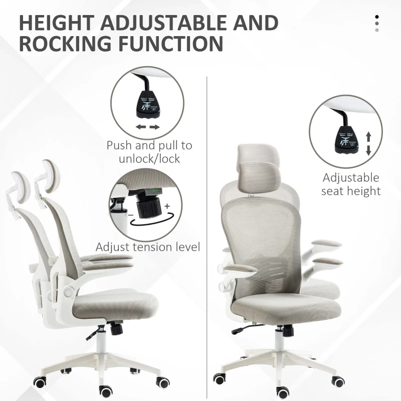 Vinsetto Office Chair, Mesh Computer Desk Chair with Adjustable Headrest, 4D Lumbar Support, Flip-up Arm, Grey
