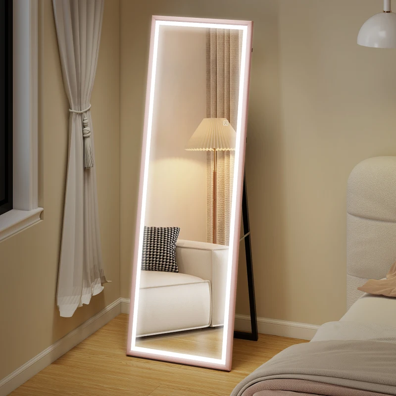 HOMCOM LED Mirror with Dimmable and 3 Colour Lights, 64" x 21" Rectangular Full Body Mirror for Bedroom Living Room, Pink