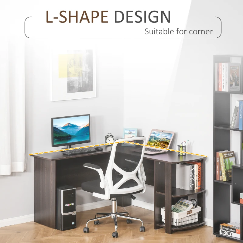 HOMCOM L-Shaped Computer Desk, Laptop Workstation with Return and 2 Storage Shelves for Home Office, Dark Brown