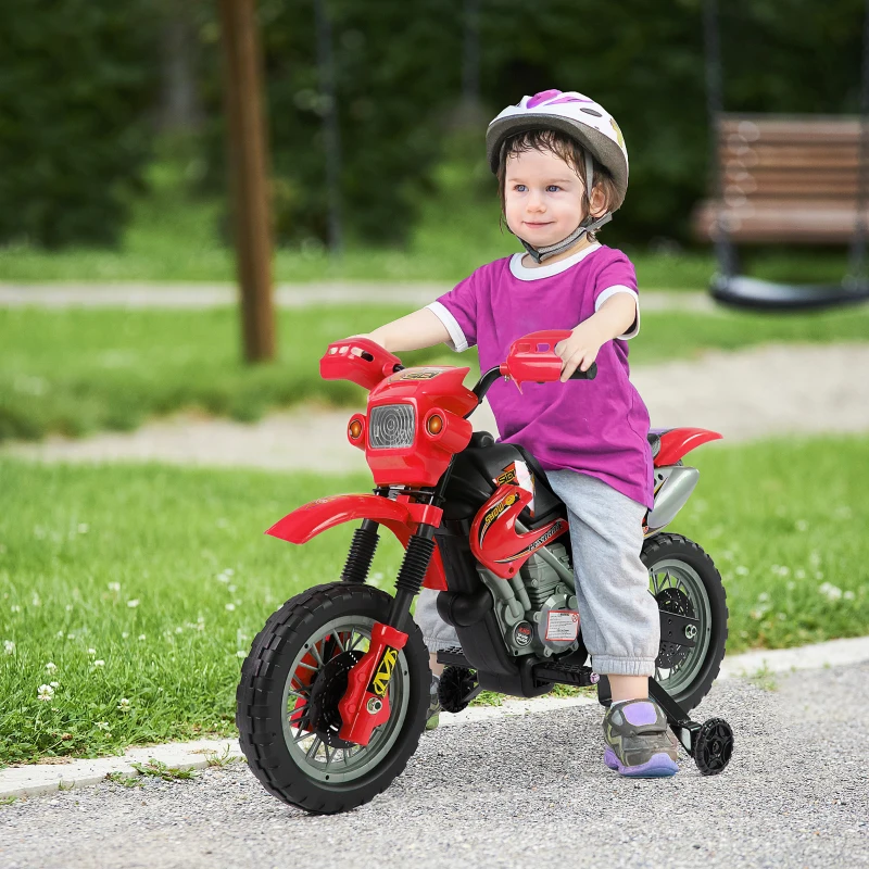 Aosom 6V Kids Motorcycle, Electric Motorcycle with Dirt Bike Style, Street Bike Design Battery Powered Ride On Toy with Training Wheels, Headlight, Music, Ages 5-8, Red