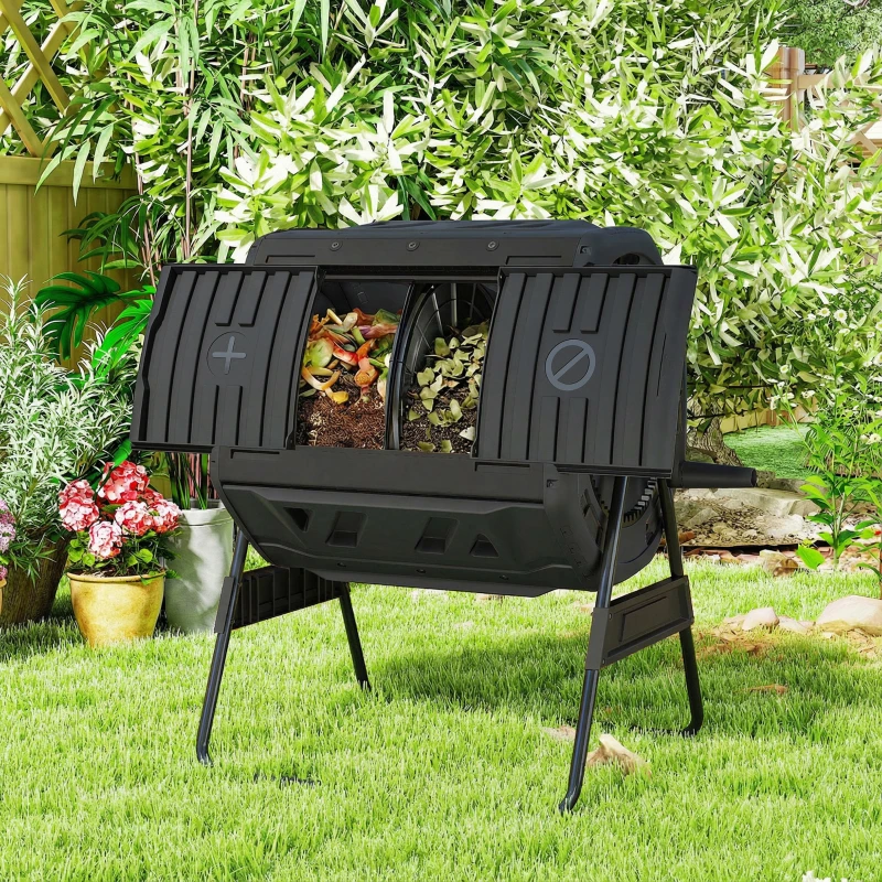 Outsunny Compost Bin Outdoor, 53 Gal Dual Chamber Tumbling Composter with Adjustable Vents, BPA Free Tumbling Composter, Black