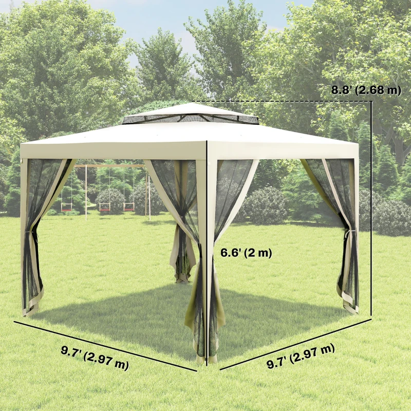 Outsunny 10' x 10' Outdoor Canopy Tent Party Tent with Mesh Netting and Double Tier Roof for Backyard, Garden, Patio, Cream White